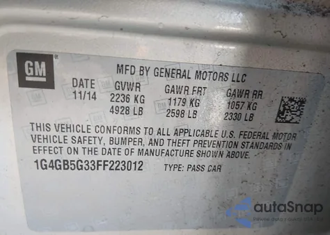 2015 Buick Lacrosse Leather из США, поврежденный, VIN 1G4GB5G33FF223012